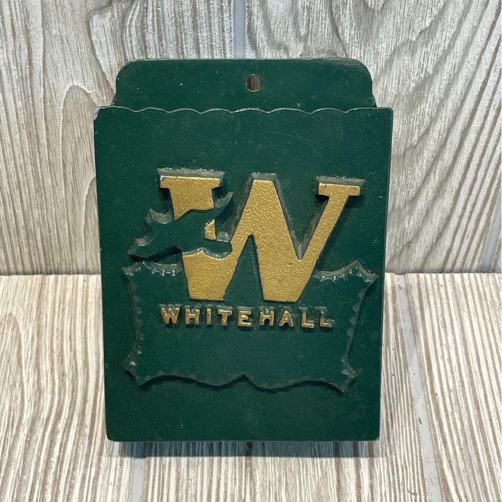 Whitehall Cast Metal Wall Mount Match Holder Green Gold W Logo Vintage Pocket